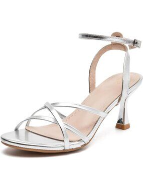 Women's Silver Heels Kitten Open Toe Strappy Low Heels Ankle Strap Dress Shoes